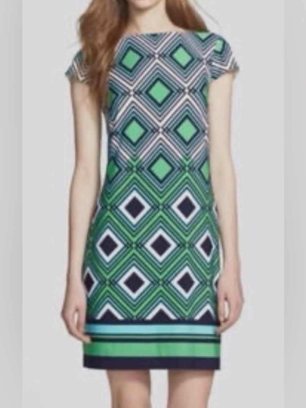 Jessica Howard Green & Navy Geometric Short Sleeve Shift Dress, Size Medium
